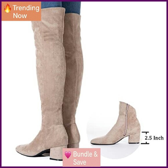 Women's Suede Over Knee Boots Low Block Heel Square Toe Winter Comfort - Picture 5 of 8